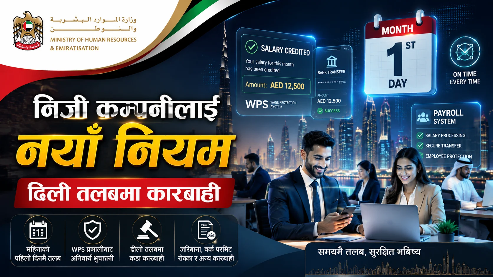 यूएईमा नयाँ नियम अब निजी क्षेत्रका कामदारहरुले महिनाको १ तारिक मै तलब दिने । होईन भने कम्पनि कारबाहीमा file 00000000996471f490f9054cff52bf68